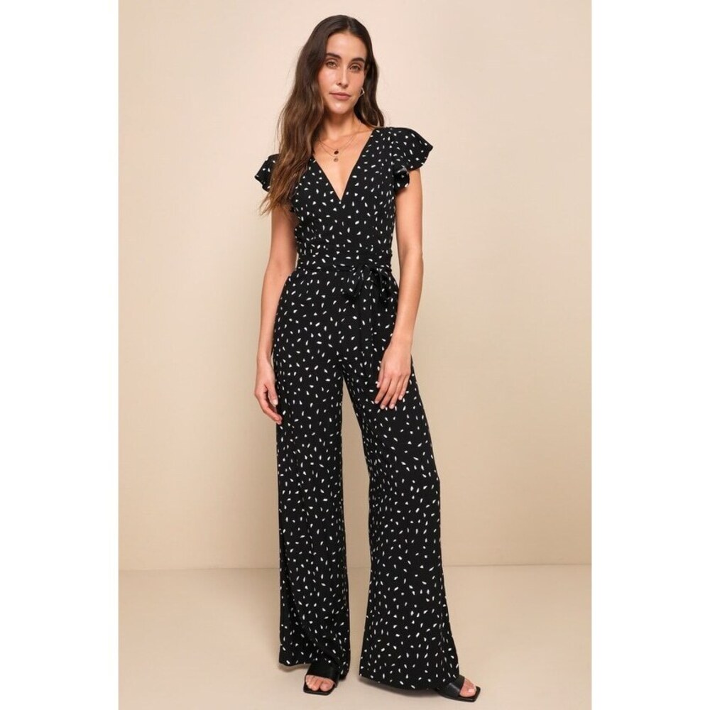 Lulus Fine Print Black And White Print Backless Jumpsuit - Size M